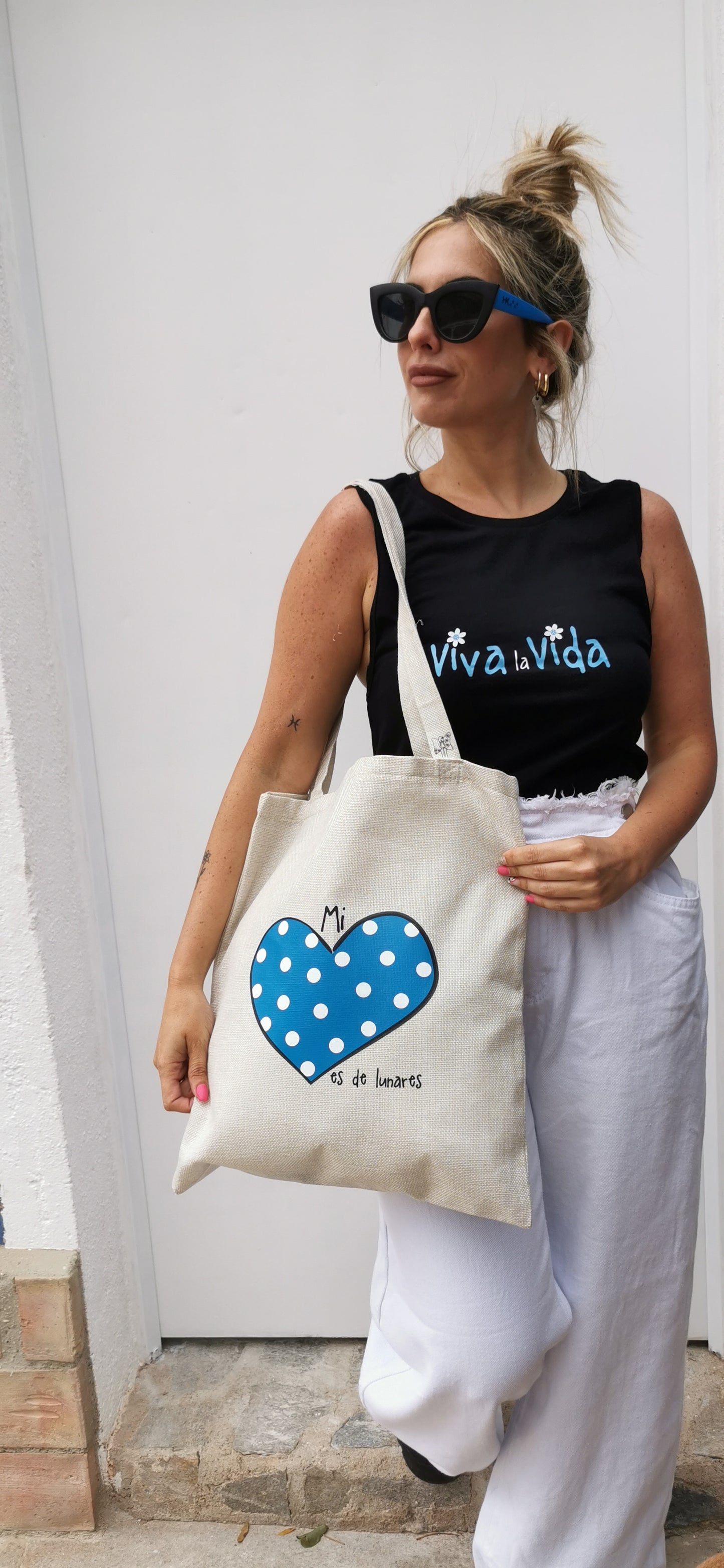 Tote Bag "Mi Corazón es de lunares" Azul y Blanco