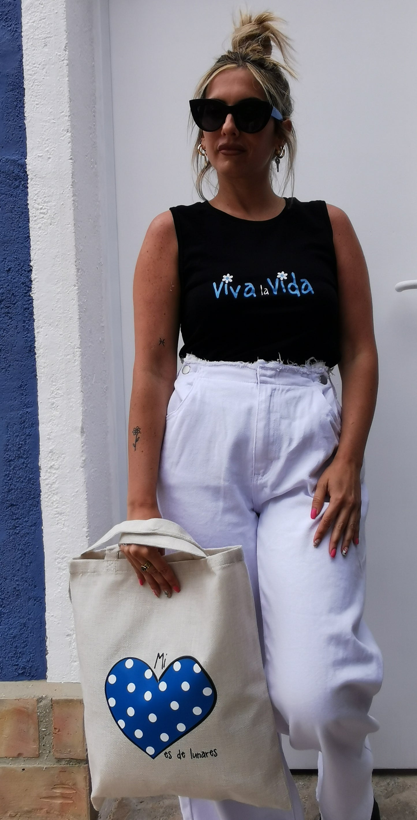 Tote Bag "Mi Corazón es de lunares" Azul y Blanco